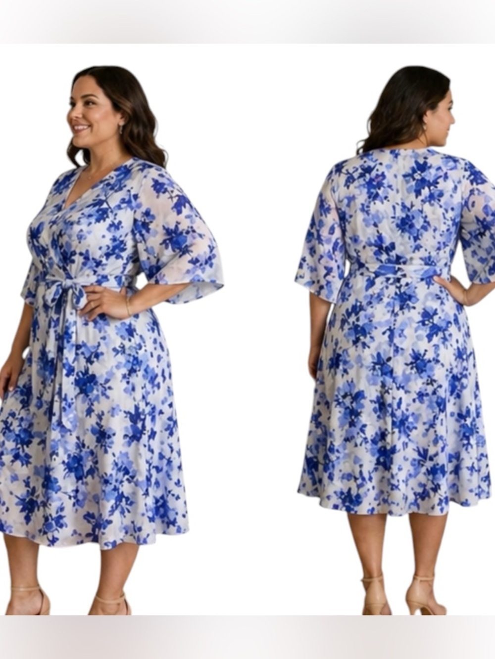Jessica Howard Blue Floral Dress Wrap Style Belted Size 16W Elegant